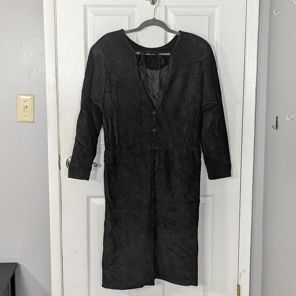 Vintage 80s Wilson's Genuine Leather Button Detail Low Back Midi Dress Size M - Picture 1 of 10